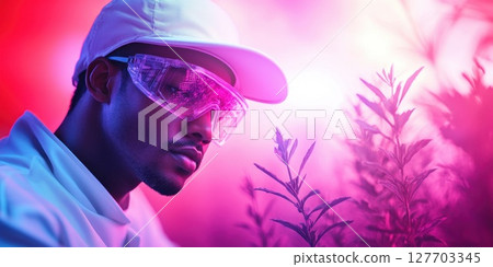 Young man in protective gear carefully tending to plants in a vibrant indoor garden with colorful lighting at sunset, showcasing his dedication to sustainable agriculture 127703345