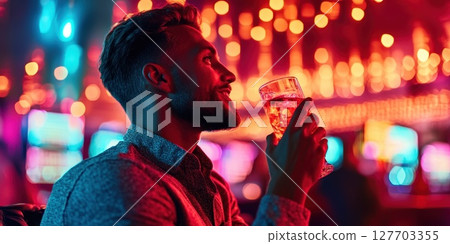Man enjoys a colorful drink in a lively casino atmosphere during the evening 127703355