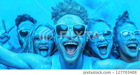 Group of friends celebrating in blue face paint during summer festival in vibrant outdoor location under sunny sky 127703408