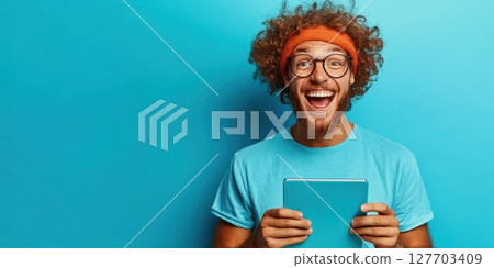 Cheerful young man with curly hair and glasses smiling while holding a tablet against a bright blue background 127703409