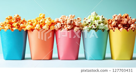 Variety of colorful popcorn in various cups arranged in a row against a light backdrop Variety of colorful popcorn in various cups arranged in a row against a light backdrop 127703431