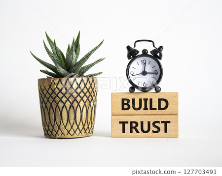 Build trust symbol. Wooden blocks with words Build trust. Beautiful white background with alarm clock and succulent plant. Business and Build trust concept. Copy space. 127703491