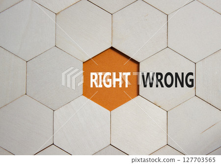 Right or Wrong symbol. Concept word Right or Wrong on wooden comb puzzle. Beautiful orange background. Business and Right or Wrong concept. Copy space 127703565