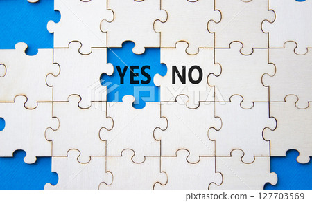 Yes or No symbol. Concept word Yes or No on wooden puzzle. Beautiful blue background. Business and Yes or No concept. Copy space 127703569