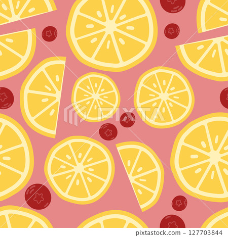 Summer lemons and red berries pattern on pink background. Simple seamless pattern. Cute fruit prin Summer lemons and red berries pattern on pink background. Simple seamless pattern. Cute fruit prin 127703844