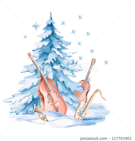 Quartet of musical instruments in the snow against the background of a New Year tree. Isolated watercolor illustration for the design of Christmas invitations, postcards, concert tickets. 127703901