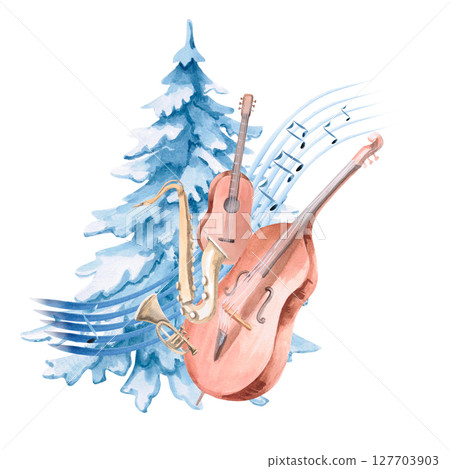 Composition of musical instruments against the background of a New Year tree. Isolated watercolor illustration for the design of Christmas invitations, postcards, concert tickets, printing on posters. 127703903