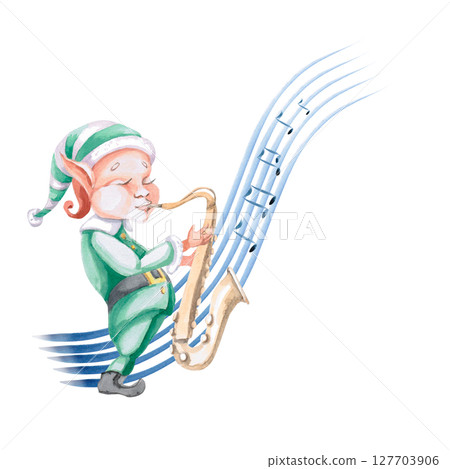 Elf playing saxophone against the background of a musical staff. Isolated watercolor illustration on a musical theme for decorating invitations, postcards, concert tickets, printing on posters. Elf playing saxophone against the background of a musical staff. Isolated watercolor illustration on a musical theme for decorating invitations, postcards, concert tickets, printing on posters. 127703906