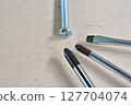 Screws and a screwdriver placed on a wooden board 127704074