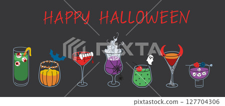 Flat cartoon vector illustration of Halloween cocktail collection with spooky drinks, creepy garnishes and handwritten Happy Halloween lettering. Themed beverages for party decor, celebration graphics Flat cartoon vector illustration of Halloween cocktail collection with spooky drinks, creepy garnishes and handwritten Happy Halloween lettering. Themed beverages for party decor, celebration graphics 127704306