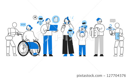 與人工智慧一起生活的男人和女人，用人工智慧解決問題的社會的例證 與人工智慧一起生活的人 127704376