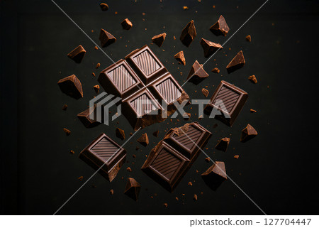 Dark chocolate bar pieces flying on black background, luxury sweet food, cocoa dessert, creative culinary concept, modern confectionery, gourmet advertising image Dark chocolate bar pieces flying on black background, luxury sweet food, cocoa dessert, creative culinary concept, modern confectionery, gourmet advertising image 127704447