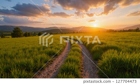 Beautiful country road through green field at sunset, scenic summer landscape with amazing mountains and very colorful cloudy sky Beautiful country road through green field at sunset, scenic summer landscape with amazing mountains and very colorful cloudy sky 127704473
