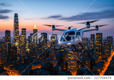 Futuristic autonomous air taxi flying over modern city at sunset, this concept is for future urban mobility and smart transport Futuristic autonomous air taxi flying over modern city at sunset, this concept is for future urban mobility and smart transport 127704474