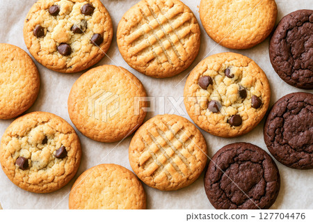 Top view of assorted cookies on baking paper, background includes chocolate chip, peanut butter, and rich double chocolate cookies Top view of assorted cookies on baking paper, background includes chocolate chip, peanut butter, and rich double chocolate cookies 127704476