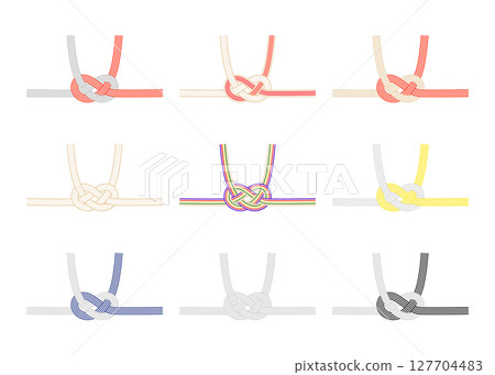 Illustration of a set of three Mizuhiki in five colors: gold red, black and white, yellow and white, and blue and white 127704483
