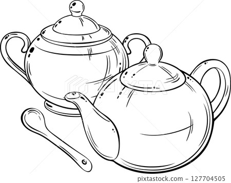 Sugar Bowl and Teapot Outline Illustration Sugar Bowl and Teapot Outline Illustration 127704505