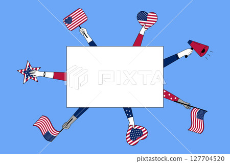 Festive American Independence Day illustration with diverse hands holding US flags, hearts, stars, and a megaphone around a rectangular frame. 127704520