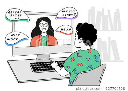 A teacher is visible on the computer screen, while a student sits at a desk listening and learning... 127704528