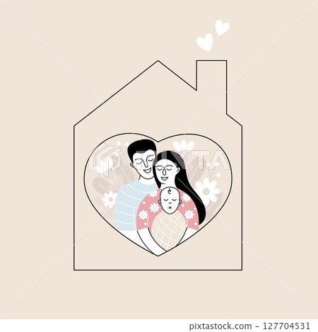 Minimalist illustration of a family with mom, dad and child inside a house. 127704531