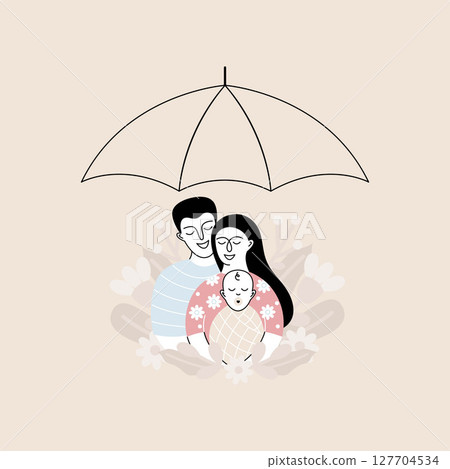 Minimalist family illustration with mom, dad, and child under an umbrella. 127704534