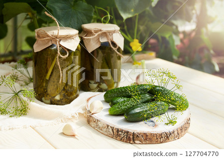 Pickled cucumbers in a jar, fresh cucumbers, herbs, garlic and dill for canning 127704770