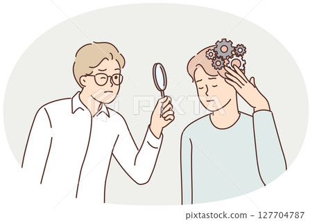 Man with mess in head near psychologist using magnifying glass analyzing patient problem Man with mess in head near psychologist using magnifying glass analyzing patient problem 127704787
