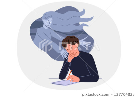 Man artist draws woman monster on electronic tablet to illustrate horror game with terrible scenario Man artist draws woman monster on electronic tablet to illustrate horror game with terrible scenario 127704823