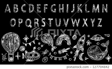 Crayon Space and Ocean Illustration with English Font 127704842