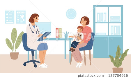 Child in pediatrics office. Mom and son at doctor appointment, medical kids check up, clinic consultation, examining, children healthcare, specialist treatment garish vector cartoon concept 127704916