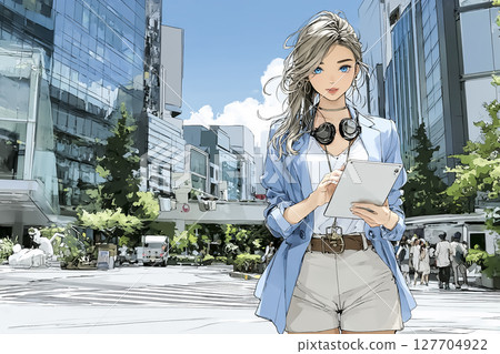 城市中手持平板電腦的女性插圖素材 127704922