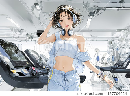 年輕女子在健身房跑步機上訓練的插畫素材 127704924