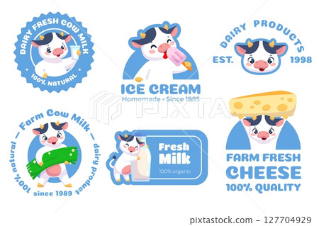 Cute cow emblems. Advertising labels, funny farm mascot, animal with milk, cheese and ice cream, dairy products, packaging stickers templates, organic food classy vector cartoon set Cute cow emblems. Advertising labels, funny farm mascot, animal with milk, cheese and ice cream, dairy products, packaging stickers templates, organic food classy vector cartoon set 127704929