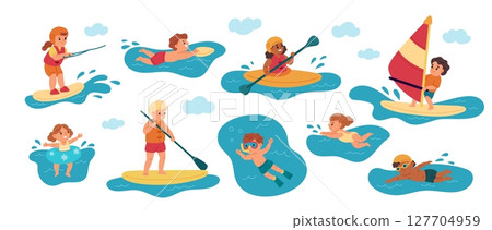 Kids swimming. Cute boys, girls engaged in water sports, funny junior athletes, children go kayaking, diving, windsurfing, summer vacation, leisure time garish vector cartoon isolated set Kids swimming. Cute boys, girls engaged in water sports, funny junior athletes, children go kayaking, diving, windsurfing, summer vacation, leisure time garish vector cartoon isolated set 127704959