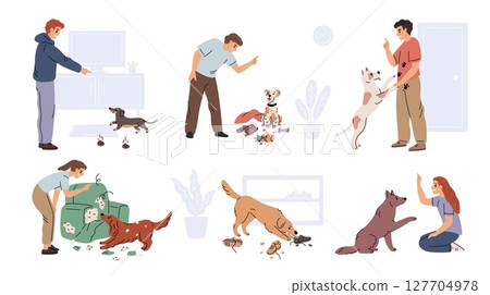 Raising pets. Owners raise domestic animals, naughty dogs, behavior correction, training process, dog handlers and psychologists, puppy break things, garish vector cartoon flat set 127704978