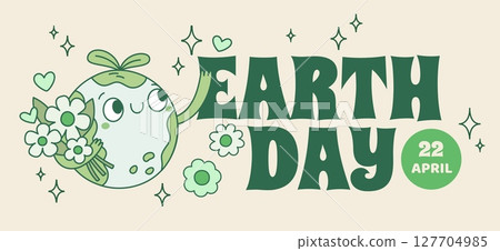 Save planet mascot poster. Earth day greeting card, ecological design template, cute green globe with flowers bouquet, horizontal banner, natural groovy character, garish vector concept Save planet mascot poster. Earth day greeting card, ecological design template, cute green globe with flowers bouquet, horizontal banner, natural groovy character, garish vector concept 127704985