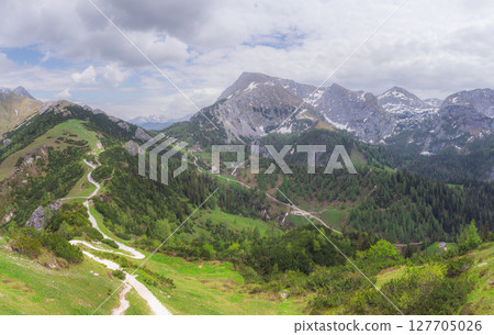 Mountain valley with tracks near Jenner mount in Berchtesgaden National Park 127705026