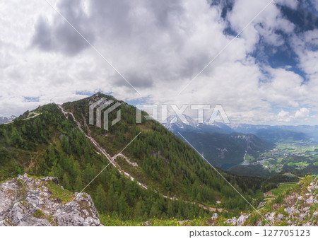 Mountain valley near Klettersteige am Jenner in Berchtesgaden National Par, Alps Mountain valley near Klettersteige am Jenner in Berchtesgaden National Par, Alps 127705123