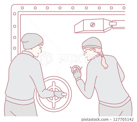 Two individuals are engaged in collaborative efforts to work on a safe lock mechanism Two individuals are engaged in collaborative efforts to work on a safe lock mechanism 127705142