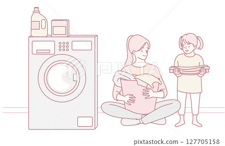 Family Laundry Time A Mom and Her Child Both Engaging in Household Chores Together 127705158