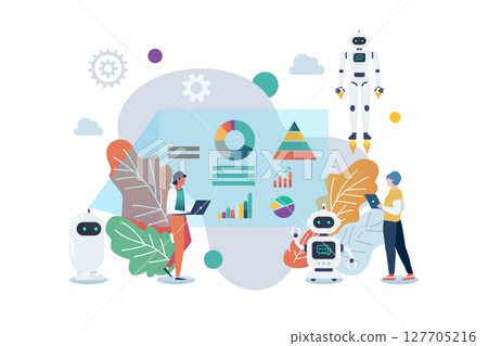 Android robots meeting with chart on slide presentation. 127705216