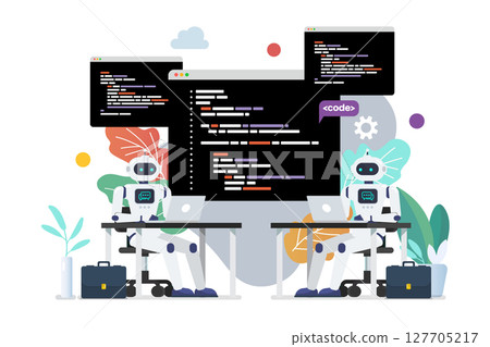 Androids programmer writing code on laptop together. 127705217