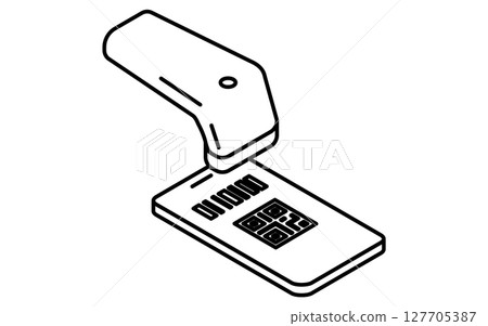 用於二維碼支付的智慧型手機和條碼閱讀器的簡單線條圖示(等距),黑白 用於二維碼支付的智慧型手機和條碼閱讀器的簡單線條圖示(等距),黑白 127705387