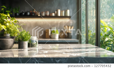 Elegant kitchen interior, marble countertop, stylish dishes and fresh herbs 127705432