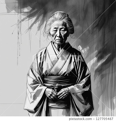 Illustration of an old woman wearing a kimono 127705487