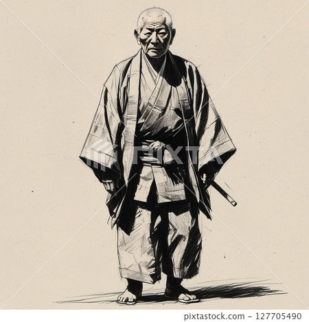 Old man full body Japanese painting illustration 127705490