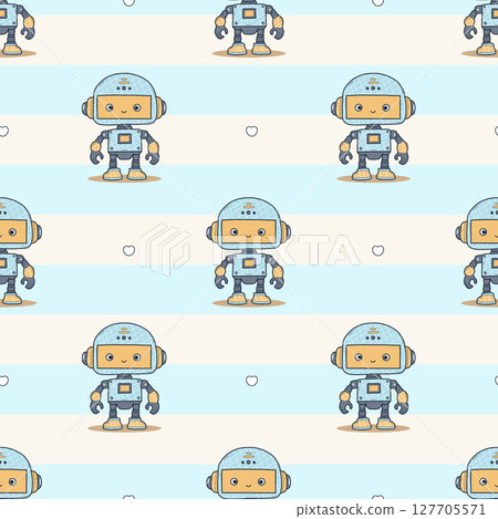 Seamless pattern Futuristic cute little Robot on striped white blue background. Virtual Technology funny Assistant. Vector illustration. Kids collection. Not AI 127705571