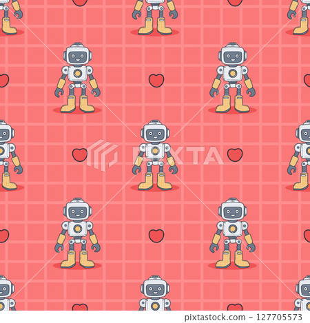 Seamless pattern Futuristic Robot on checkered red background with hearts. Virtual Technology funny Assistant. Vector illustration. Kids collection. Not AI 127705573