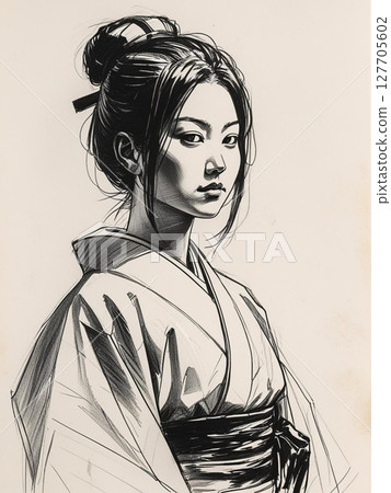 Illustration of a Japanese woman in a kimono 127705602