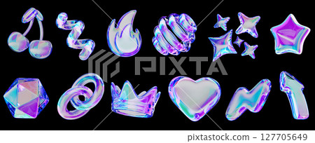 3d glass holographic y2k abstract shape set - heart, flame, stars, cherry, lightning, crown, chain, arrow, polygon, spiral line, sphere with neon gradient isolated on black background. 3D illustration 127705649